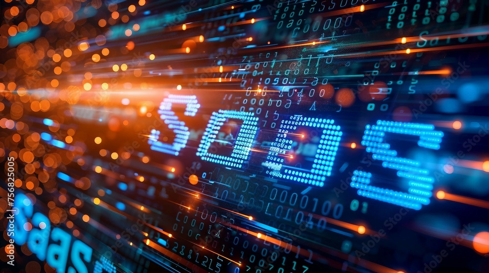 Poster digital blue matrix binary code forms the acronym saas , symbolizing the concept of software as a se