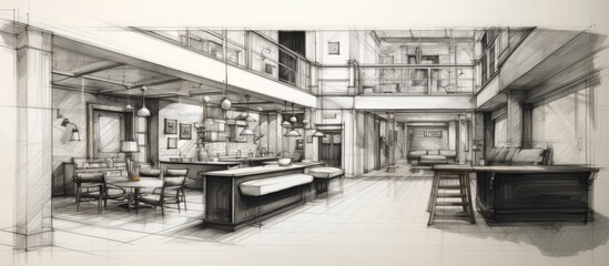 Interior space perspective sketch drawing