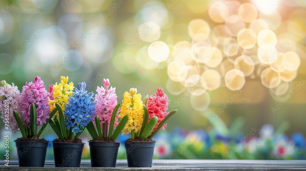 Aufkleber vibrant hyacinth flowers in pots on blurred background with empty space for text placement