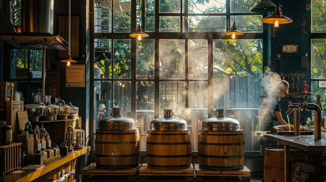 Artisanal craft beer brewing in charming countryside barn setting for local promotion
