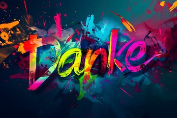 Danke graffiti card with bright, colorful colors on dark background. Gratitude concept.