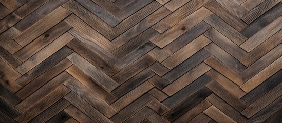 A detailed closeup of a brown hardwood floor with a herringbone pattern, showcasing the beauty of wood flooring in a building interior