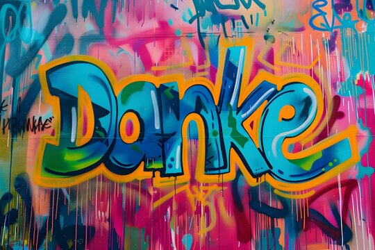Danke graffiti card with bright, colorful colors. Gratitude concept background.
