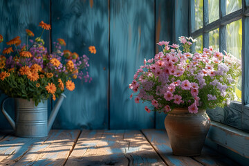Empty wooden table background with colorful garden flowers and watering can. Gardening mockup...