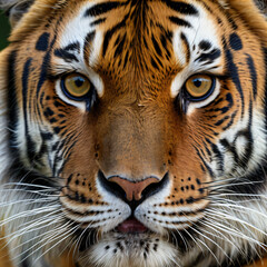 Close-up portrait of a tiger's face with its characteristic black stripes