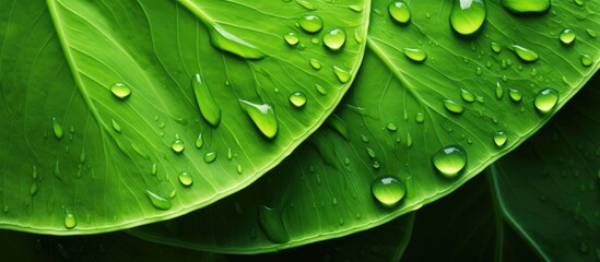 A macro shot of three green leaves with water drops on them, showcasing the beauty and intricacy of plant life and the importance of moisture in botany - obrazy, fototapety, plakaty