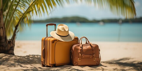 Suitcases luggage with a straw hat in the white sand beach of a tropical island background. Summer and travel concept banner with copy space. Vacations and visiting tourist places.
