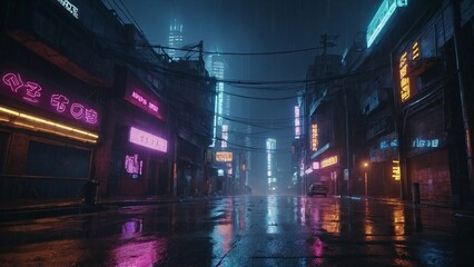 A night view of an urban city with raining and storm can be seen in the sky. The neon lights are presenting a cyberpunk theme.