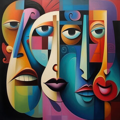 Artistic cubist painting capturing the convergence of abstract faces