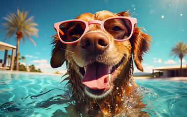Joyful Dog Enjoying Pool Time in Sunglasses. A cheerful dog with stylish sunglasses on a sunny day at the pool, perfect for summer and lifestyle themes. - obrazy, fototapety, plakaty
