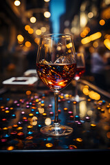 Twilight Ambiance with Aromatic Amber Wine. A captivating glass of amber wine set on a reflective surface, surrounded by a twilight cityscape’s bokeh lights, perfect for sophisticated dining concepts.