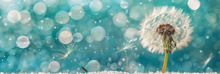 Dandelion seed dispersing in the wind with space for text overlay, nature background concept