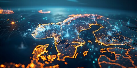 Digital map of Scandinavia symbolizing global network data transfer and connectivity. Concept Global Connectivity, Digital Networks, Scandinavia, Data Transfer, Mapping - obrazy, fototapety, plakaty