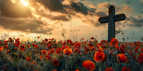 A grave cross in an areas of poppies. AI generated.	 - obrazy, fototapety, plakaty