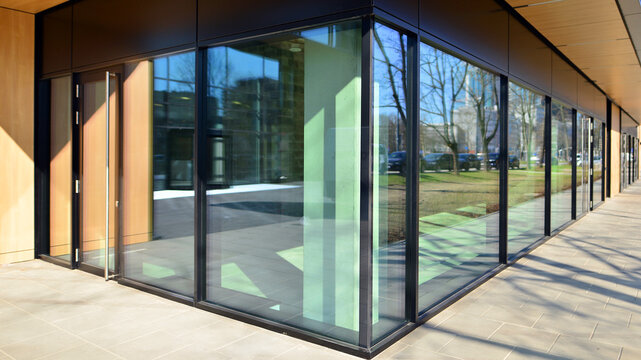 Panoramic windows of new commercial premises. Commercial property in development standard for rent.