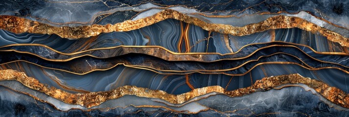 Blue liquid texture with gold mineral luxury ink, abstract design pattern for nature wallpaper.