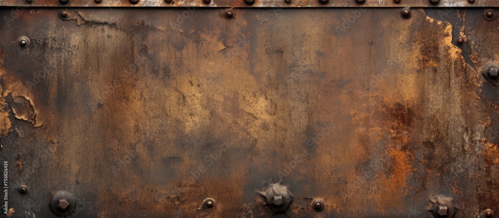 Poster a close up of a brown rusty metal surface with rivets creating a unique pattern. reminiscent of wood