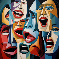 Choir of colorful abstract faces, collage. Cubism