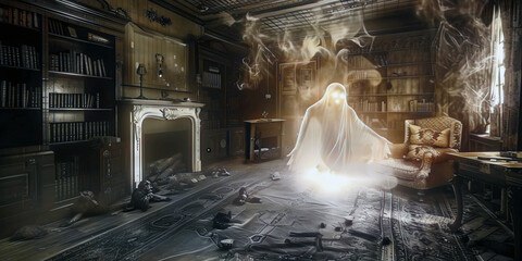 ghost in my bedroom. AI generated.	 - obrazy, fototapety, plakaty