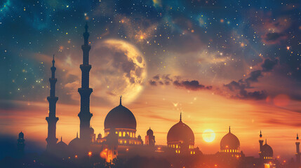 Crescent moon and mosque silhouettes panorama on ornamental Ramadan Kareem ideal for festive...
