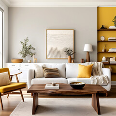 Scandinavian interior design of modern living room, home. Wooden coffee table near yellow chair and white sofa against wall with shelves.
