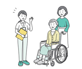 ケアマネから説明を受ける女性とおばあさんのイラスト