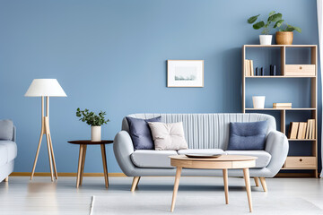 Scandinavian interior design of modern living room, home. Grey sofa and wooden shelf against blue wall with copy space.