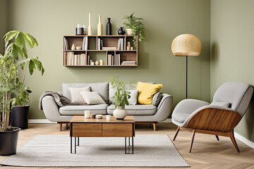 Scandinavian interior design of modern living room, home. Grey sofa and lounge chair against green wall with shelving unit.