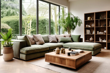 Scandinavian interior design of modern living room, home. Green corner sofa and shelving unit.