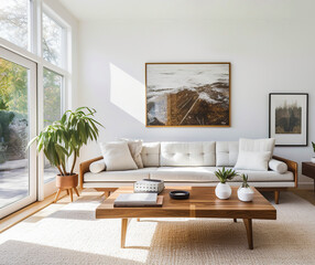 Mid-century interior design of modern living room, home.