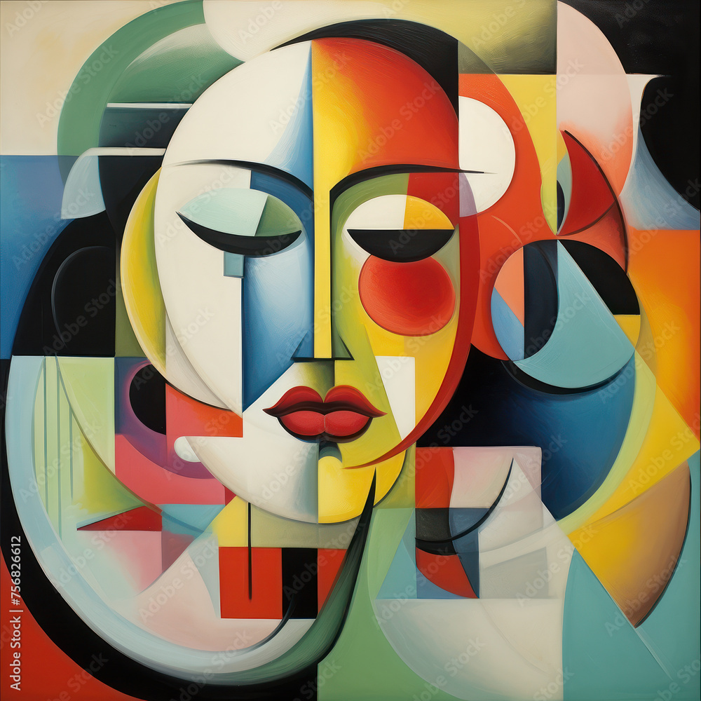 Poster cubist abstraction blends face and forms in a symphony of harmonious colors