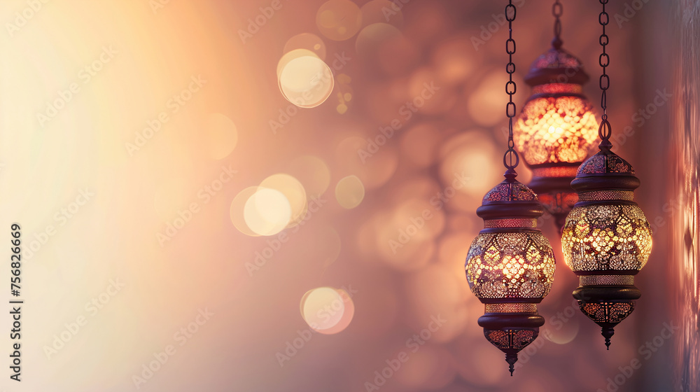Poster elegant arabic lanterns on gradient ramadan kareem background with empty space for text. mubarak hol