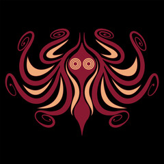 Stylized octopus with spiral tentacles. Ancient Greek animal design. Ethnic Cretan Minoan vase painting style. On black background.