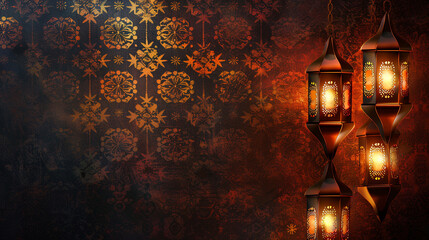 Glowing lanterns on arabic pattern background for festive Ramadan Kareem Eid Mubarak Eid al Fitr...