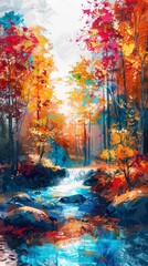 Beautiful autumn landscape with colorful trees and river. Digital painting.