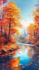 Naklejka na ściany i meble Beautiful autumn landscape with colorful trees and river. Digital painting.
