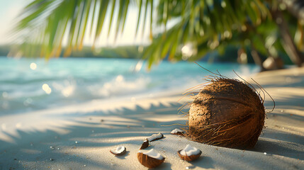 A coconut lies on the sandy beach beneath a towering palm tree, creating a picturesque coastal landscape with people enjoying the oceanic views