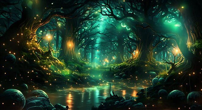 Mystical forest with glowing trees and magical creatures