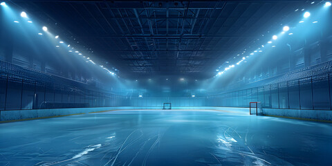 Ice arena, nobody. Dramatic lighting  Hockey stadium, empty sports arena with ice rink, cold background. 
