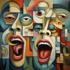 A surreal collage of singing faces. Cubism