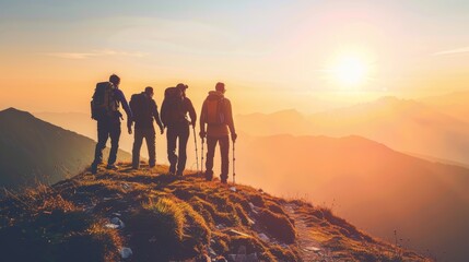 Group of adventurous hikers enjoying mountain sunset trekking together in summer journey tourism - obrazy, fototapety, plakaty