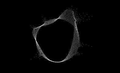 White dotted wavy dissolving lines. Stipple disintegrating curved circle on black background. Halftone textured sphere with noise grain. Radial grunge particles or speckles. Dot work bubble. Vector