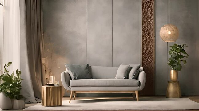 one big sofa in the room. grey modern minimalist living room interior concept