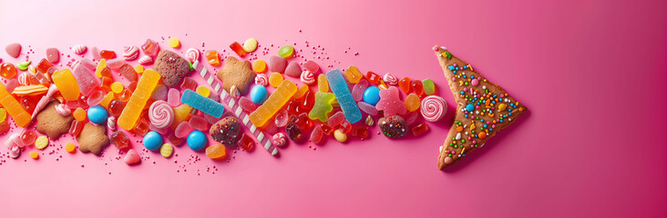 Fototapeta na wymiar Colorful background of sweets in the shape of an arrow, minimal concept, pastel colors, flat lay