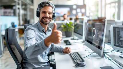 Naklejka premium Friendly male customer service agent with thumbs up in modern call center under bright lighting