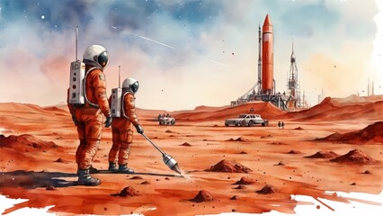 Planet Discovery - watercolor illustration of Astronauts plant a flag on Mars, symbolizing space conquest.