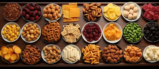 Different types of snacks. - obrazy, fototapety, plakaty