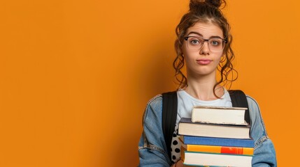 female student with orange background for copy space