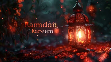 Ramadan kareem banner with islamic crescent, lantern, and text for festive background