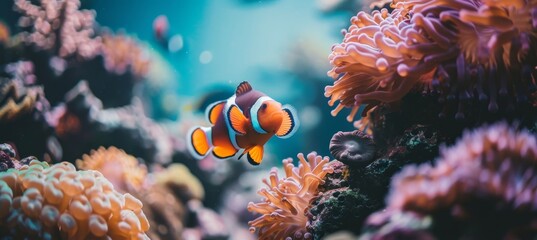 Naklejka na ściany i meble Colorful clownfish swimming amid vibrant corals in a saltwater aquarium environment